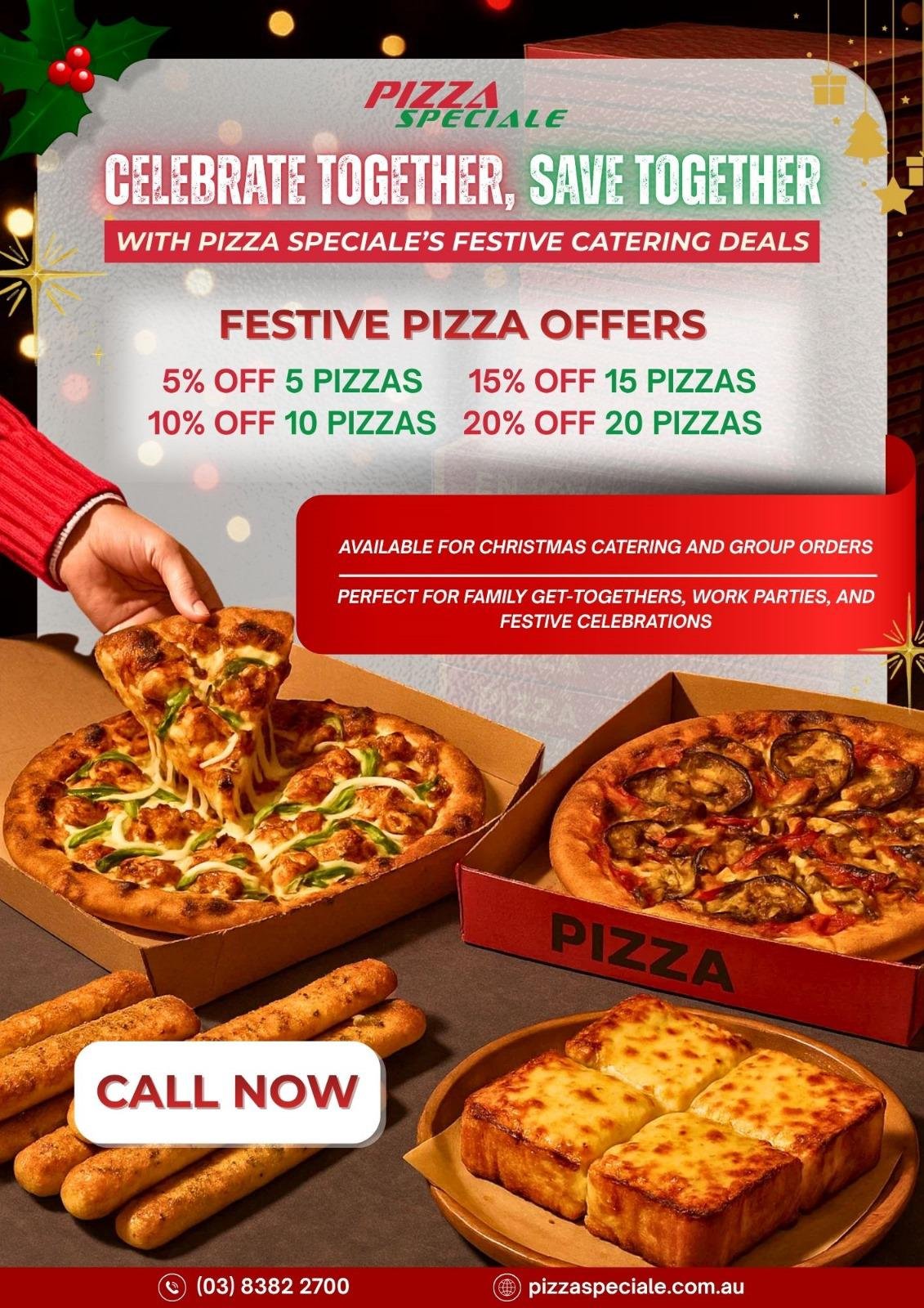 Holiday parties made easy! Save on pizza catering in Caroline Springs with Pizza Speciale’s festive deals. Order now for group discounts!